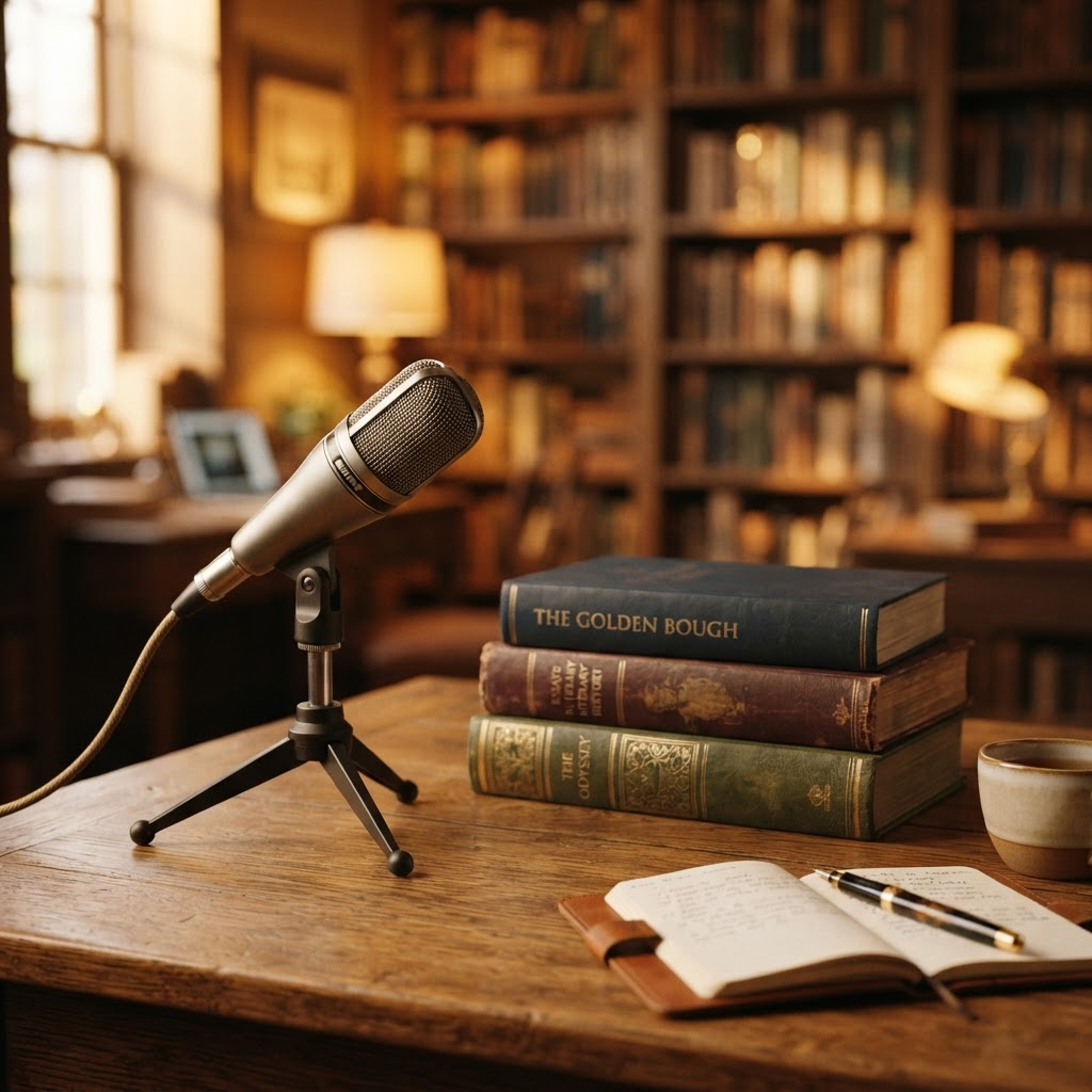 A broadcast microphone beside a stack of books in a warm library studio